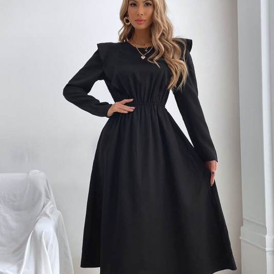 Ruched Ruffled Round Neck Long Sleeve Dress