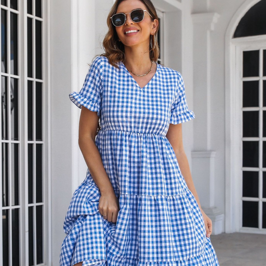 Plaid V-Neck Short Sleeve Midi Dress