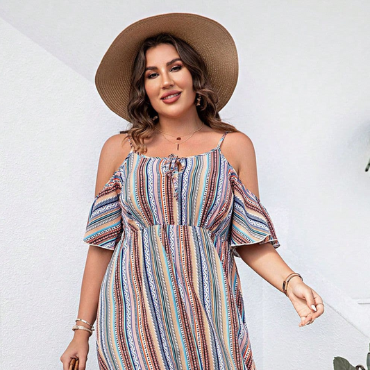 Plus Size Striped Cold-Shoulder Dress