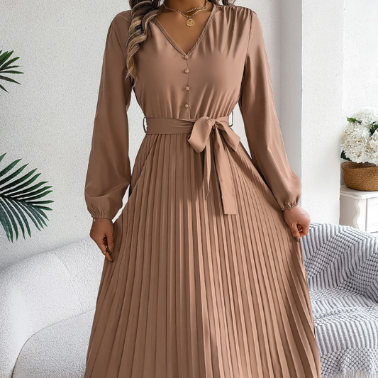 Pleated Tied V-Neck Long Sleeve Dress