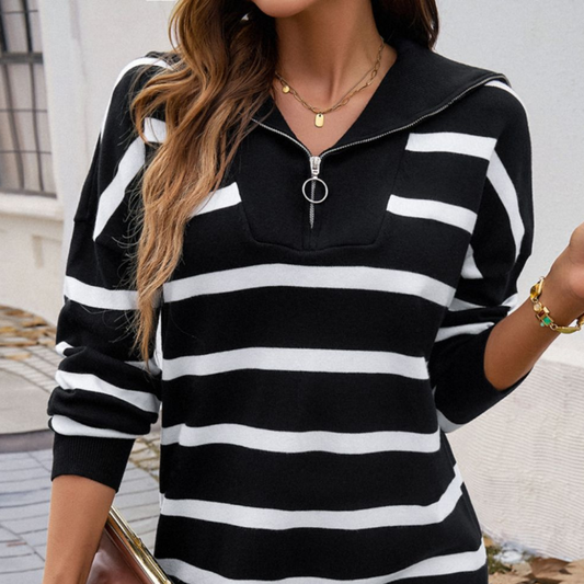 Devine Quarter Zip Striped Long Sleeve Sweater Dress