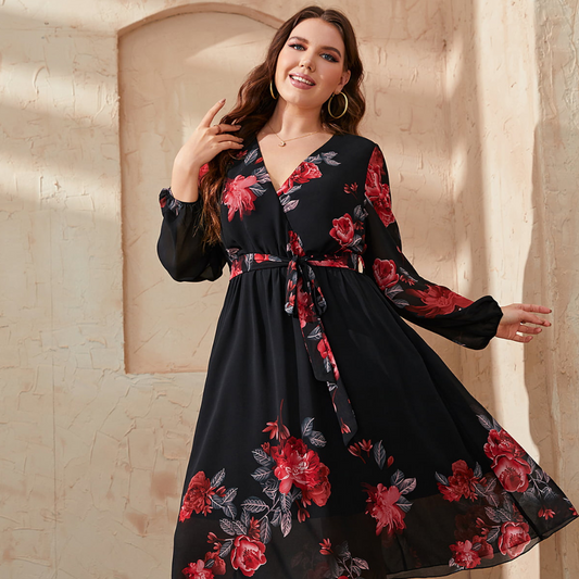 Honey Plus Size Floral Surplice Neck Tie Waist Dress