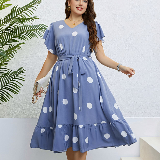 Honey Polka Dot Belted Flutter Sleeve Ruffle Hem Dress