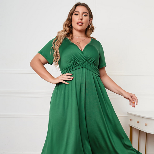 Honey Plus Size Short Sleeve Surplice Neck Midi Dress