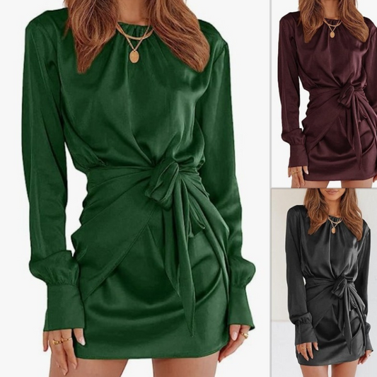 Women's Satin Long Sleeve Round Neck Tied Elegant Cocktail Party Dress