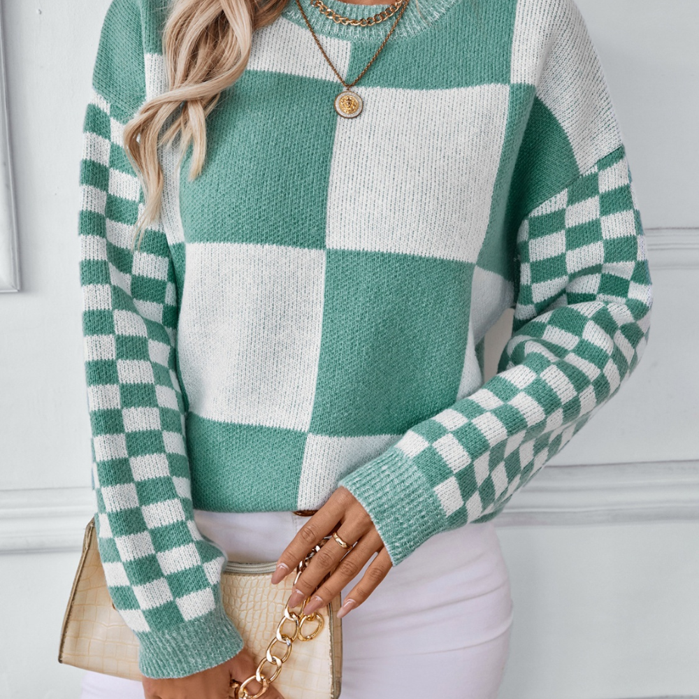 Color Block Round Neck Long Sleeve Sweater