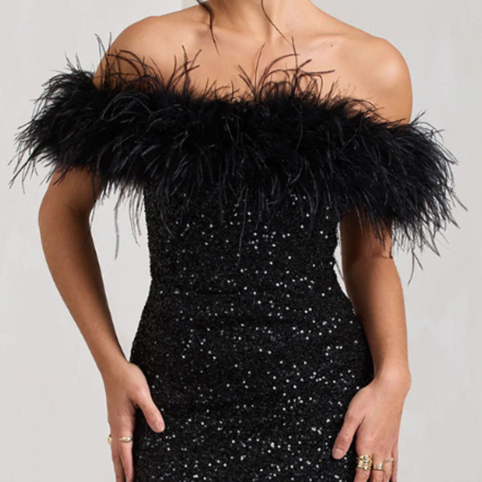 Feather Sequins Tube Top Package Hip Dress