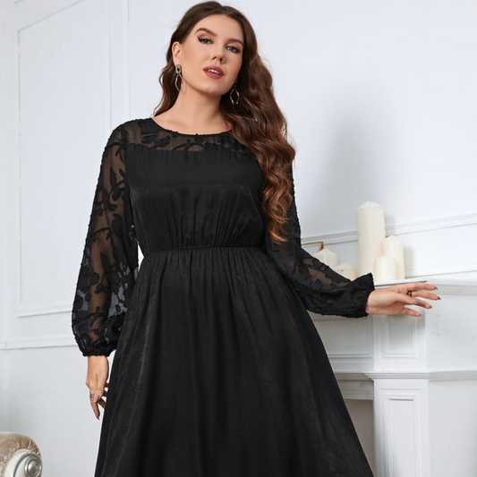 Honey Melo Apparel Plus Size Embroidery Round Neck Long Sleeve Maxi Dress