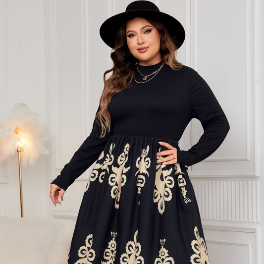 Honey Plus Size Printed Mock Neck Long Sleeve Dress