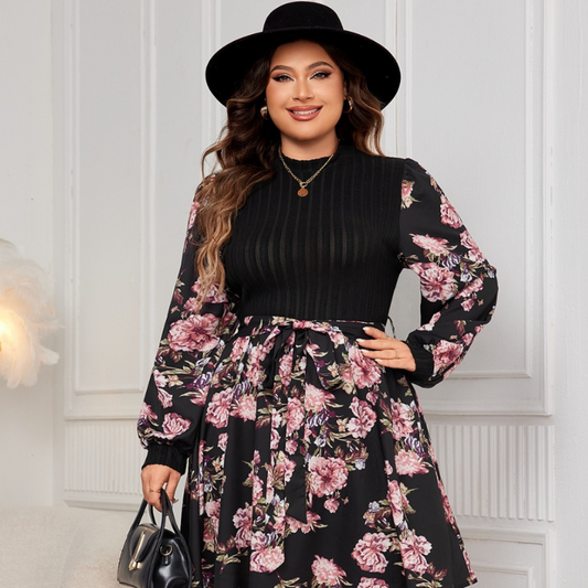 Honey Plus Size Tied Printed Long Sleeve Dress