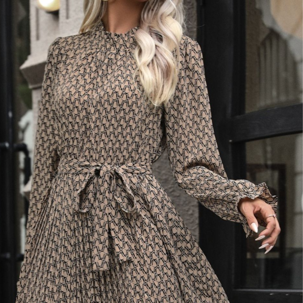 Perfee Printed Mock Neck Flounce Sleeve Dress