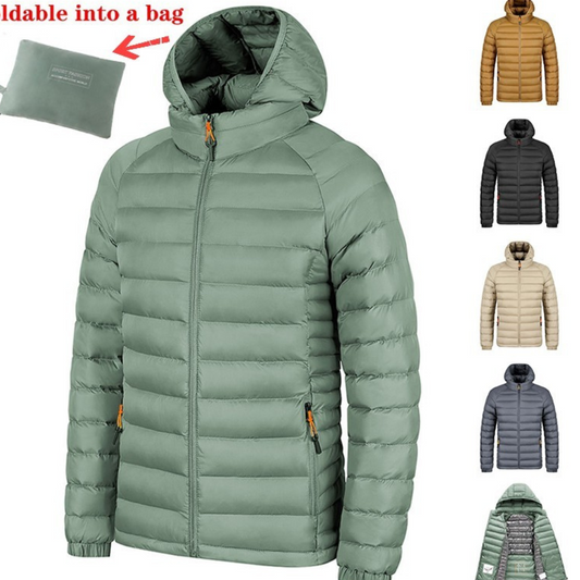 Winter Lightweight Hooded Coat With Pockets Fashion Warm Portable Zipper Jacket For Men Clothing Solid Color Outerwear Tops