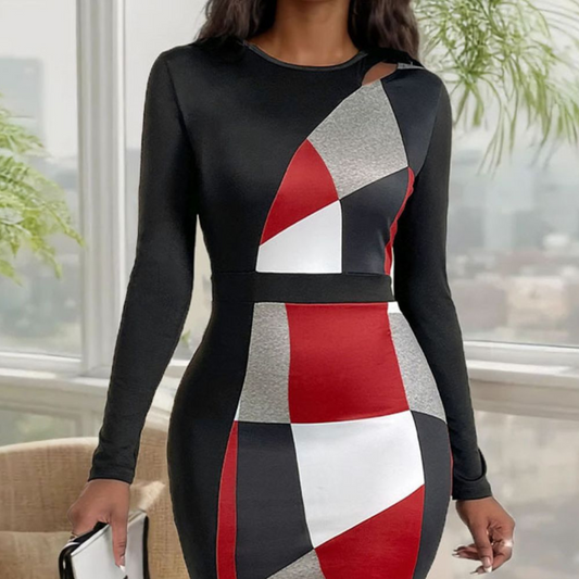 Perfee Cutout Color Block Round Neck Long Sleeve Dress