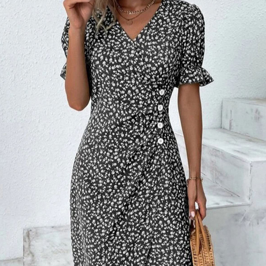 Full Size Printed Surplice Flounce Sleeve Midi Dress