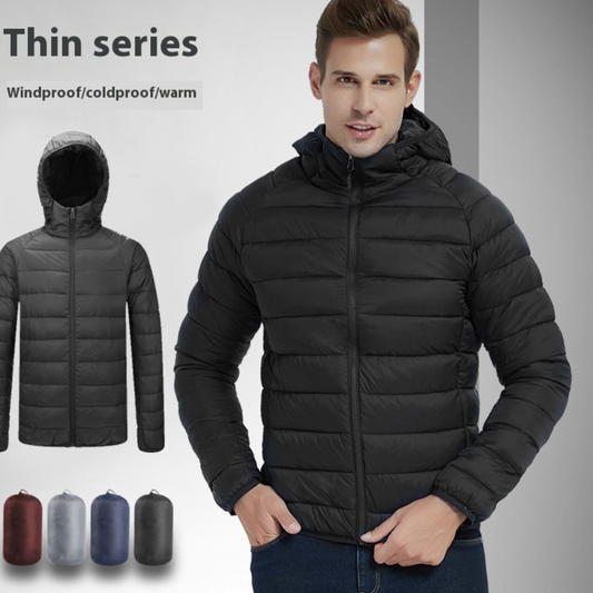 Men's Lightweight Hooded Coat Winter Warm Solid Color Zipper Jacket Fashion Portable Outerwear Top Clothing