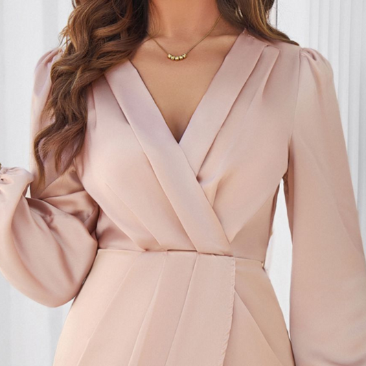 Devine Ruched Surplice Long Sleeve Mini Dress