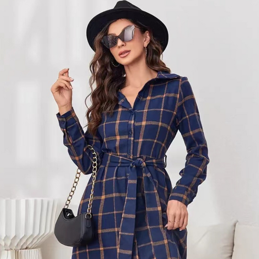 Plaid Tie Waist Long Sleeve Dress