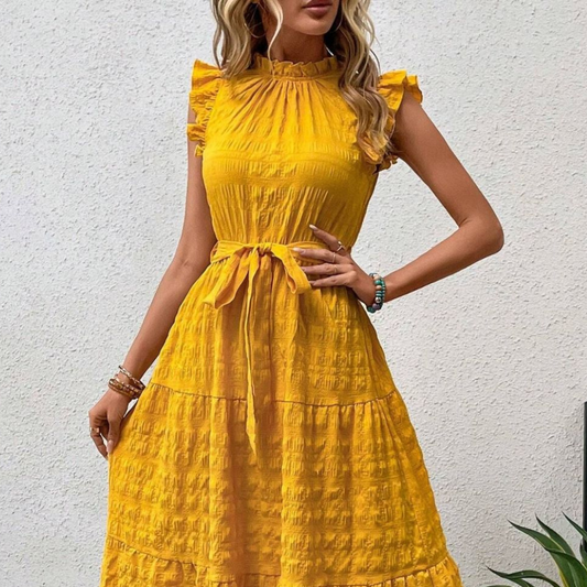 Tied Ruffled Cap Sleeve Midi Dress