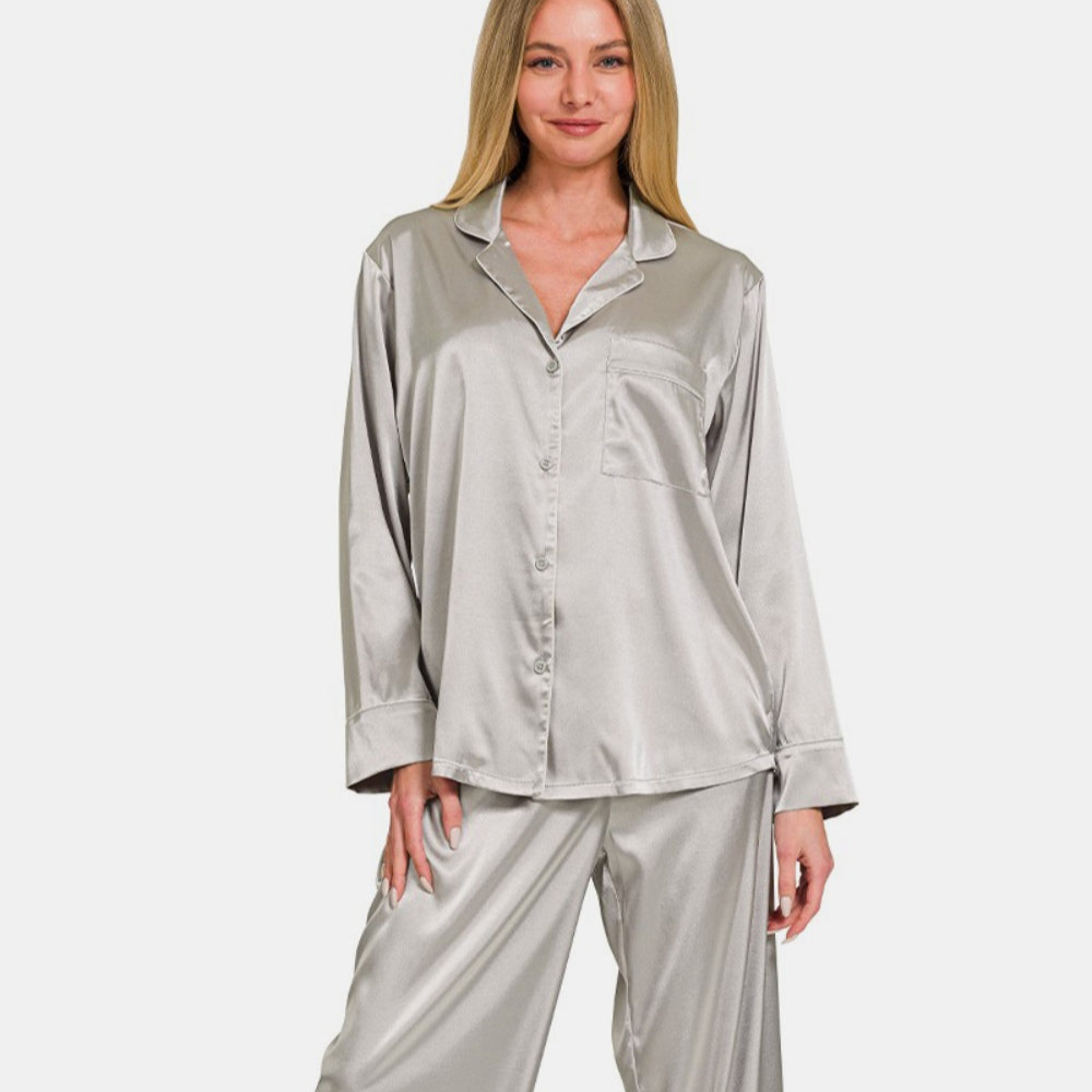 Zenana Satin Long Sleeve Shirt and Pants Pajama Set