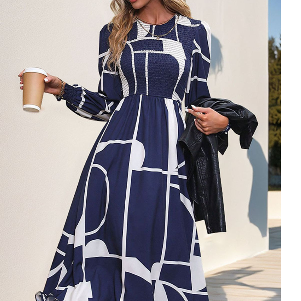 Perfee Smocked Color Block Long Sleeve Midi Dress