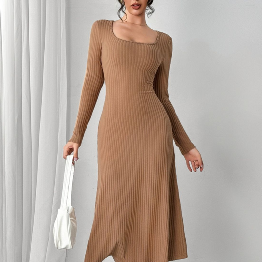 Square Neck Long Sleeve Midi Wrap Dress