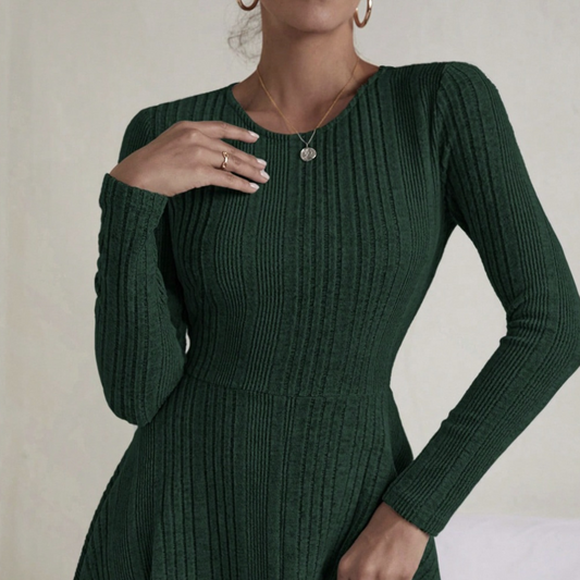 Textured Round Neck Long Sleeve Dress