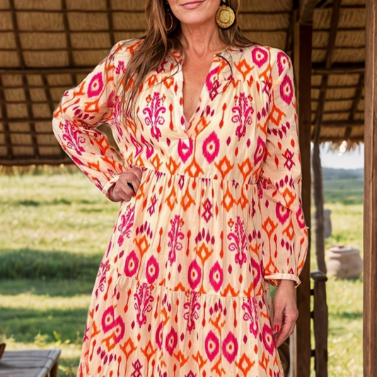 Tiered Printed Notched Long Sleeve Midi Dress