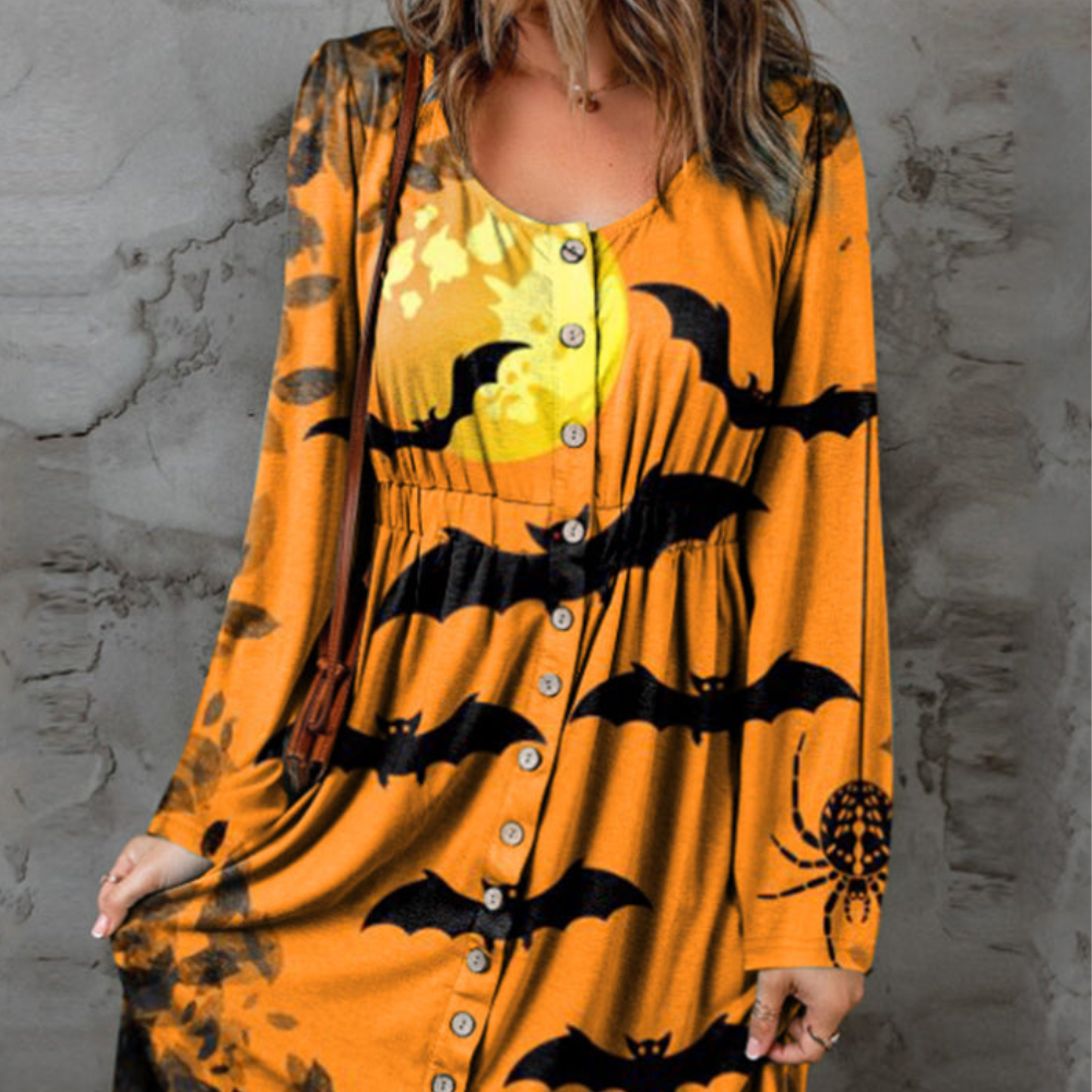 Full Size Halloween Theme Round Neck Long Sleeve Magic Dress