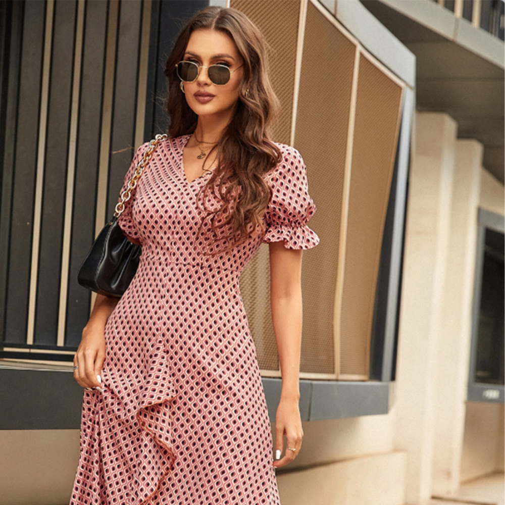 Printed V-Neck Flounce Sleeve Midi Dress