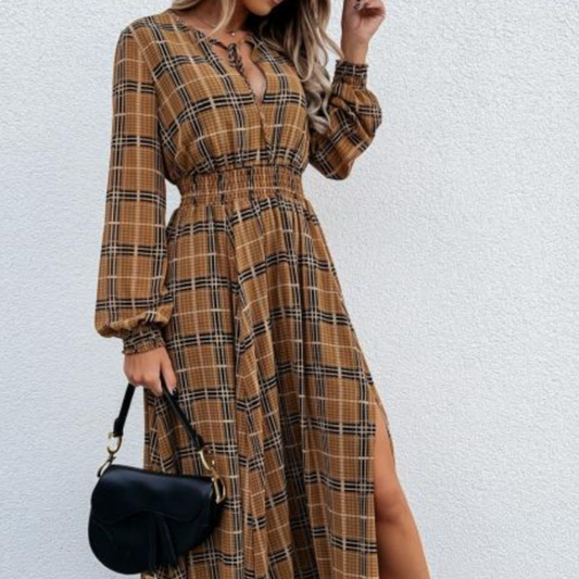 Slit Plaid Tie Neck Long Sleeve Maxi Dress