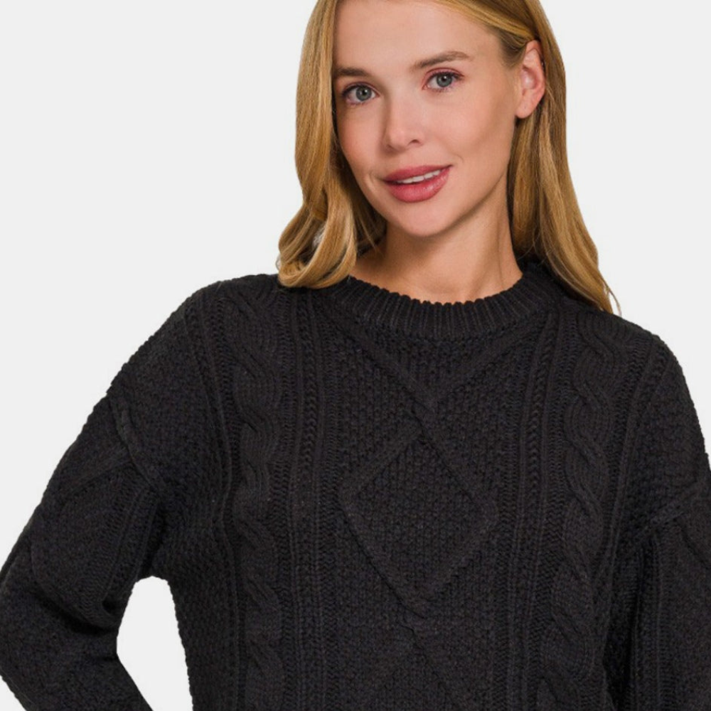 Zenana Cropped High Low Cable Sweater with Side Slits