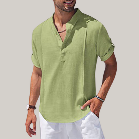 Henley Style Linen Shirt Men Casual Beach Shirt Short Sleeve T-Shirt Summer