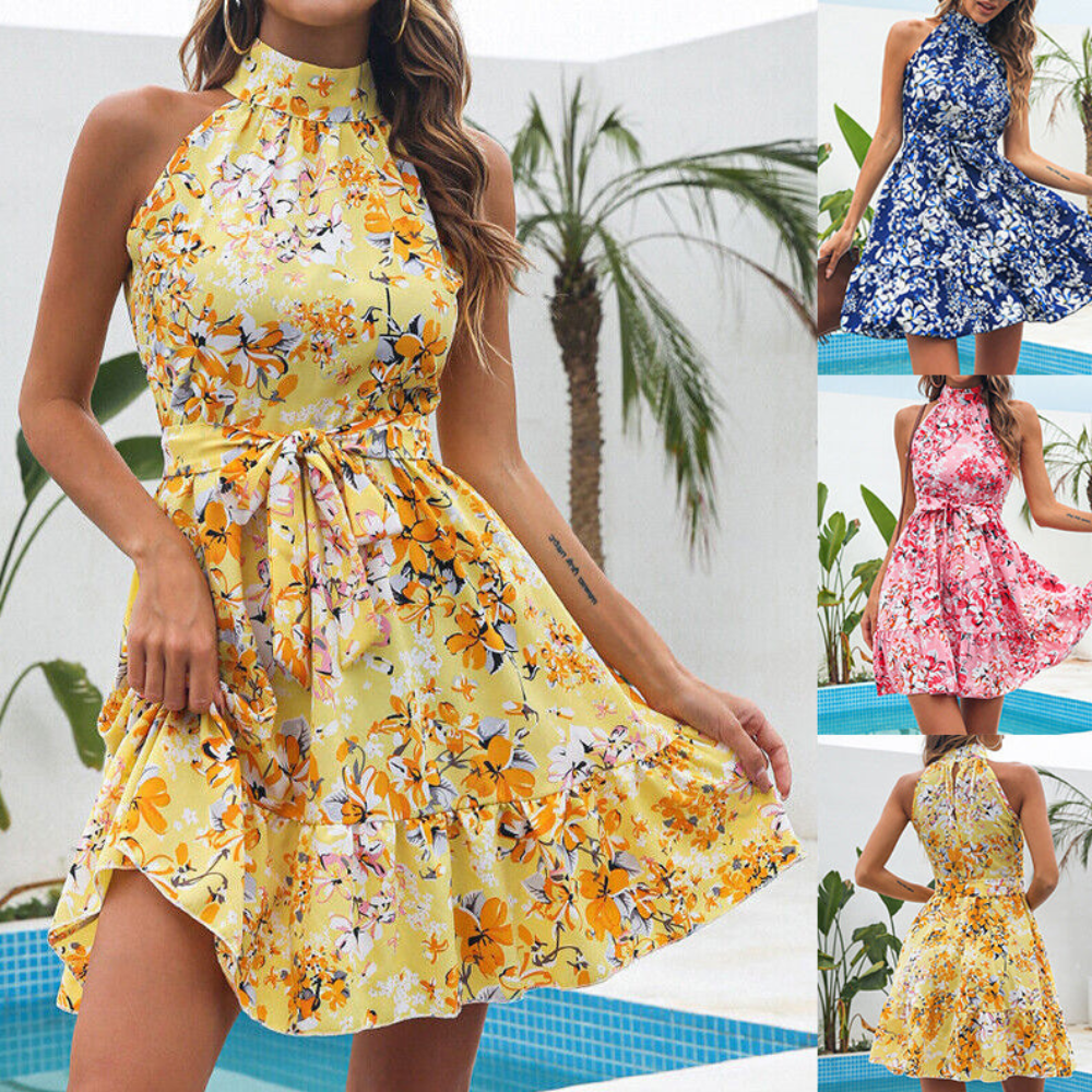 New Flowers Print Halterneck Dress Summer Fashion Temperament Lace-up Ruffled Dresses For Women