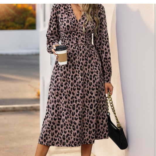 Perfee Leopard Surplice Long Sleeve Midi Dress