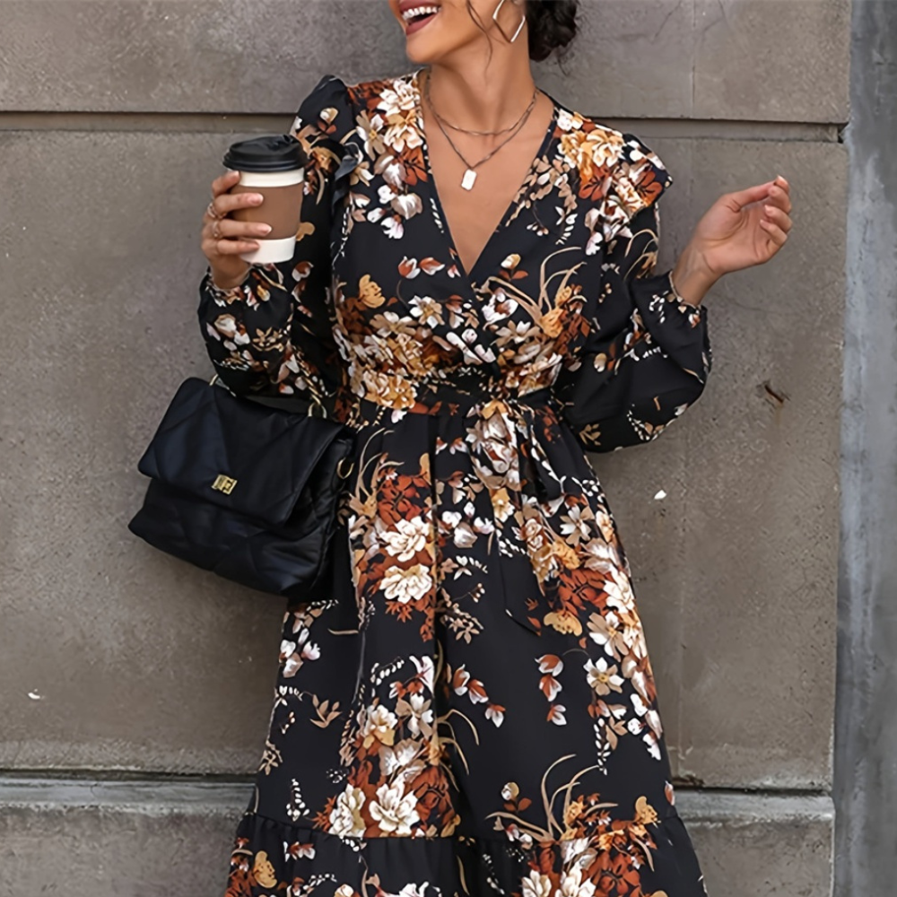 Ruffled Printed Surplice Long Sleeve Midi Dress