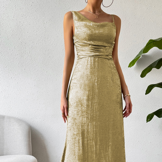 Honey Asymmetric Neck Sleeveless Midi Dress