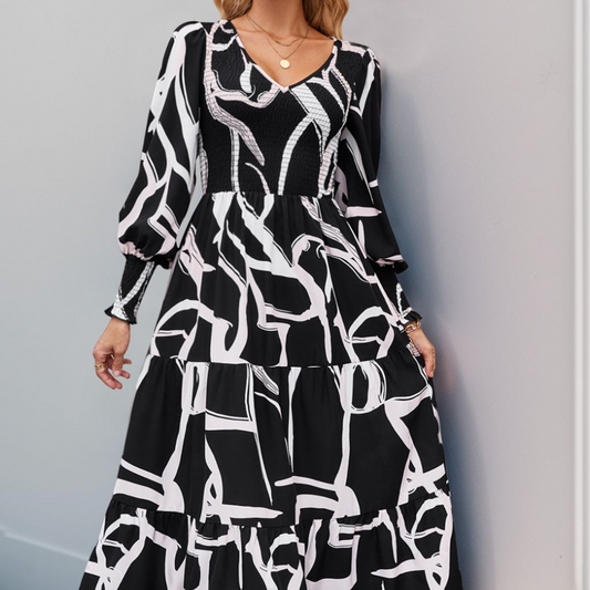 Perfee Smocked Printed Long Sleeve Midi Dress