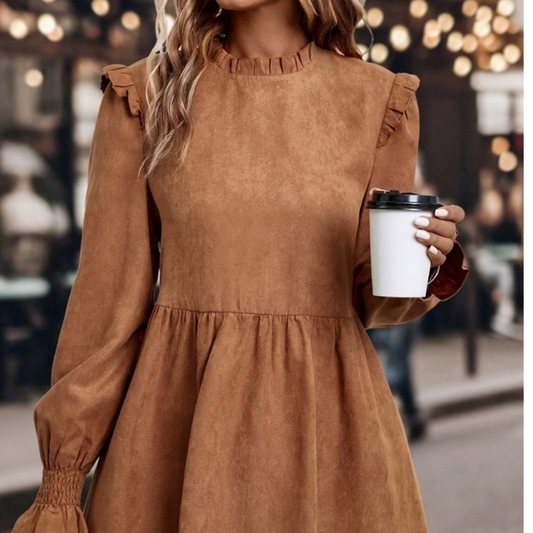 Frill Round Neck Long Sleeve Mini Dress