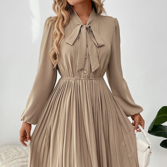 Perfee Pleated Tie Neck Long Sleeve Dress