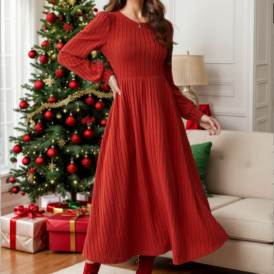 Ribbed Round Neck Long  Red Sleeve Dress