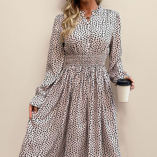 Perfee Ruched Ruffled Leopard Long Sleeve Dress