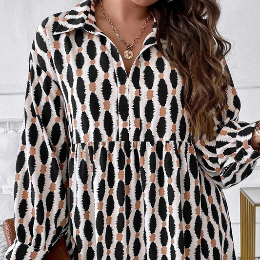 Plus Size Printed Johnny Collar Long Sleeve Dress