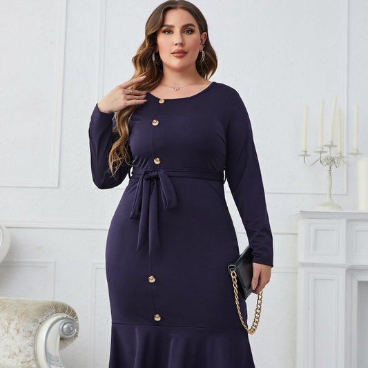 Honey Melo Apparel Plus Size Buttoned Round Neck Tie Belt Midi Dress