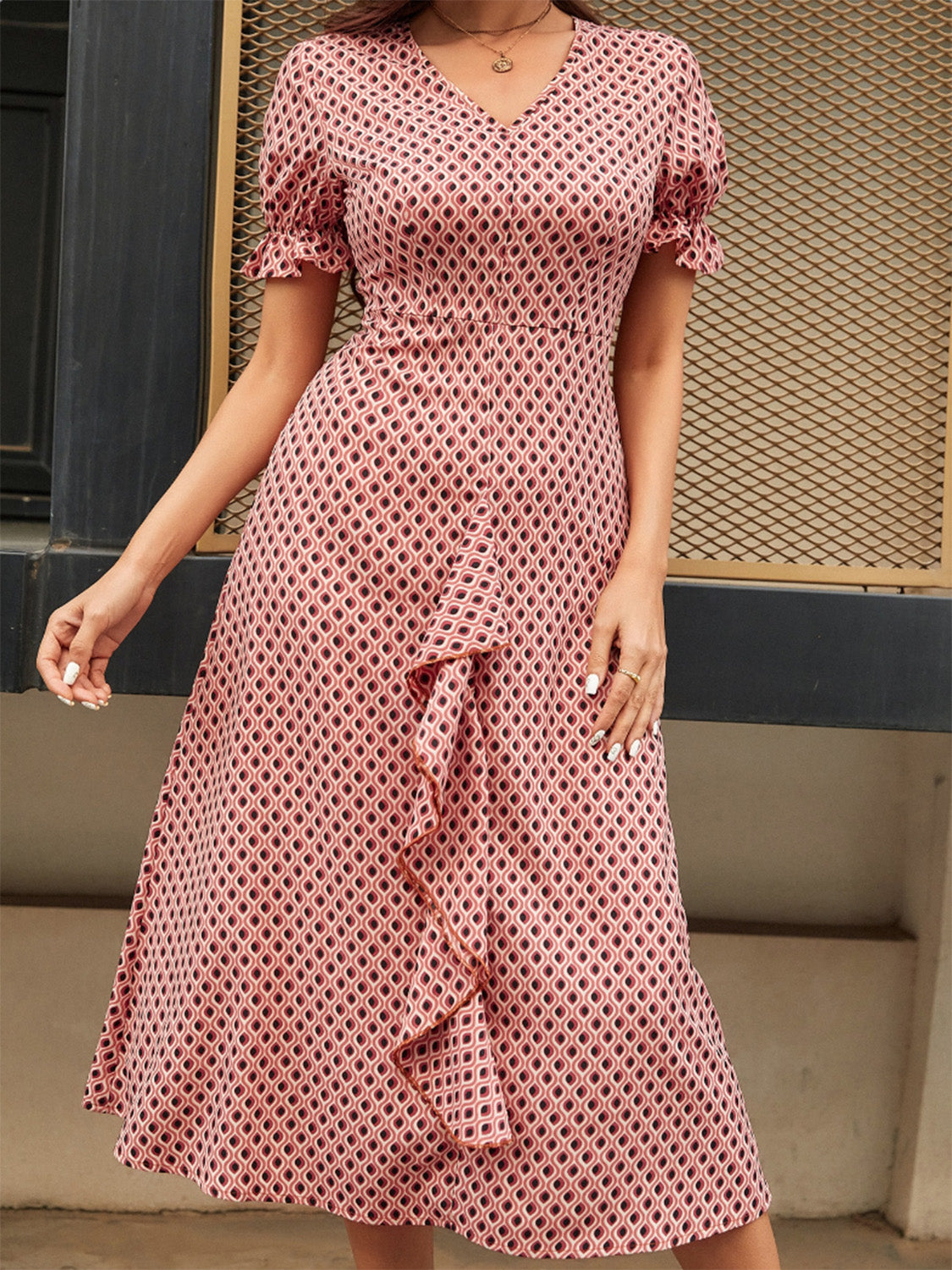 Printed V-Neck Flounce Sleeve Midi Dress