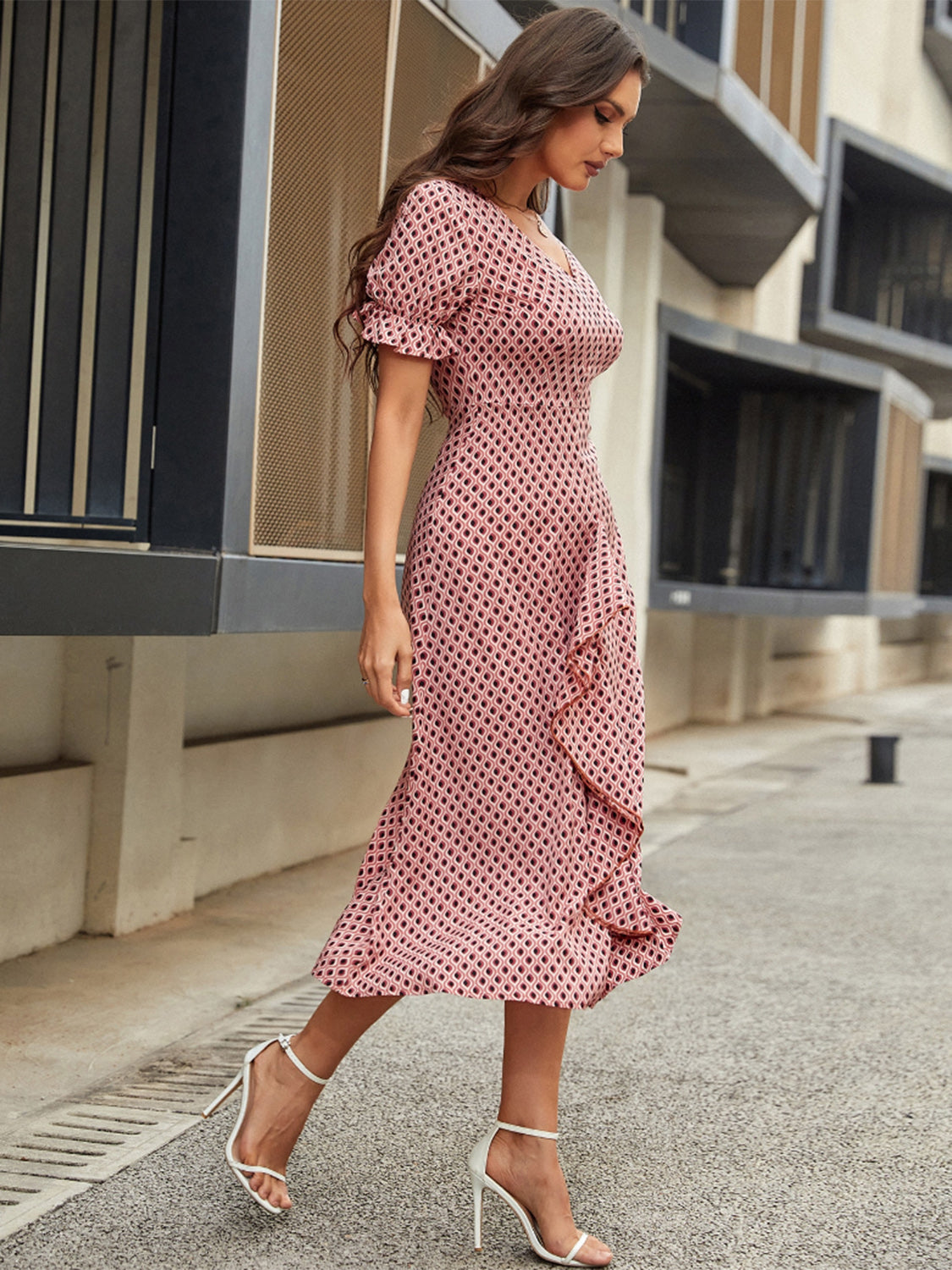 Printed V-Neck Flounce Sleeve Midi Dress