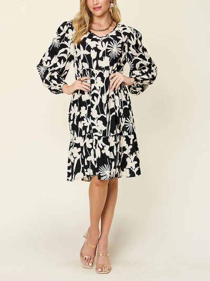 Casual Printed Long Sleeve Pleated Round Neck Dress