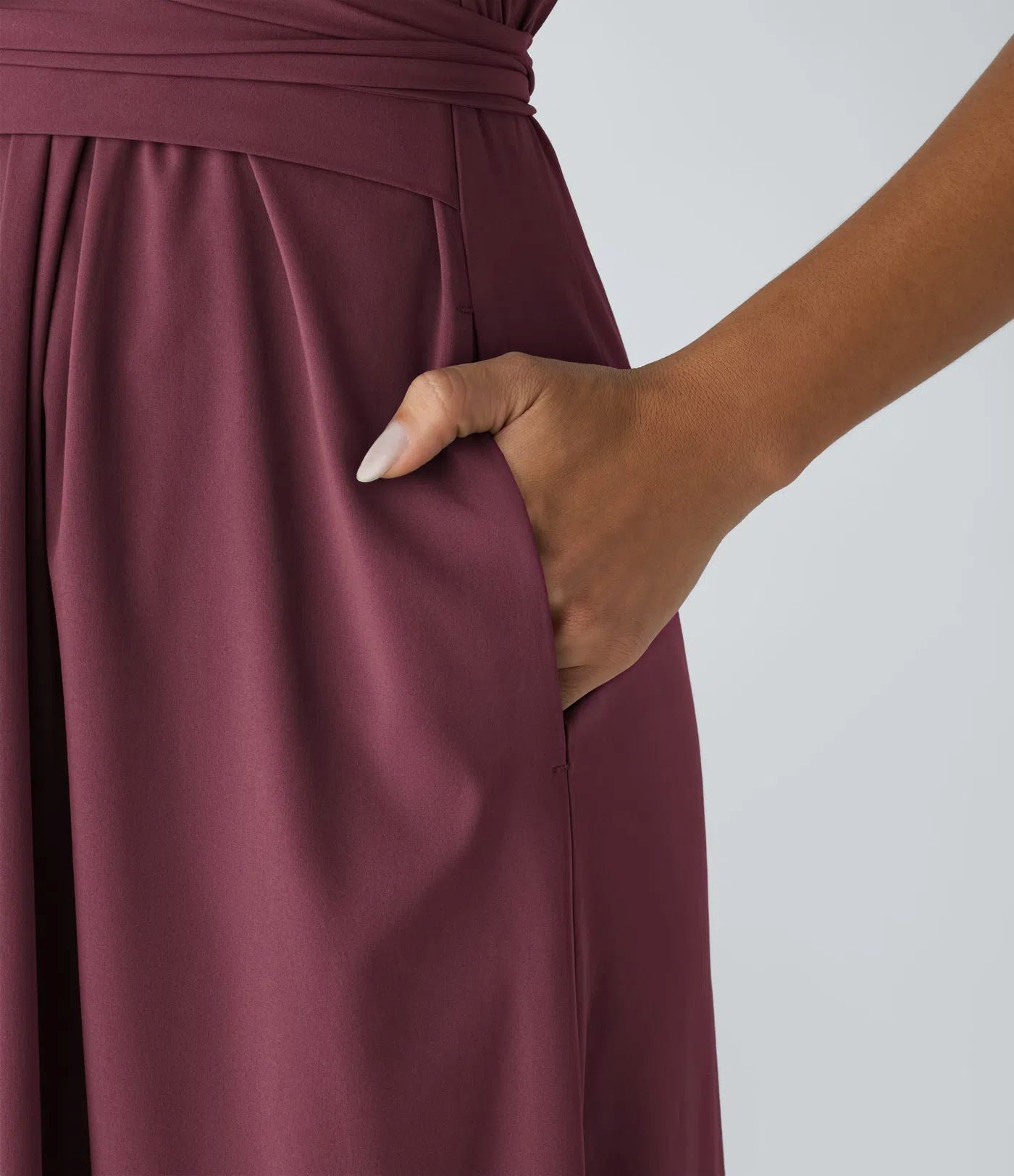 Solid Color Overlapping V-neck Short Sleeve Side Pocket Lace-up Quick-drying Mid-length Casual Dress