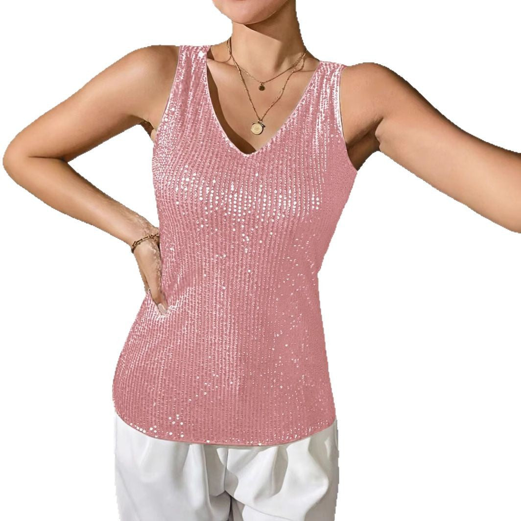 Sexy V-neck Loose Sequined T-shirt Outer Wear Inner Wear Women's Vest