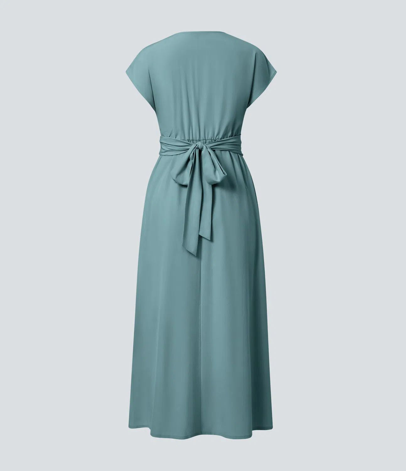 Solid Color Overlapping V-neck Short Sleeve Side Pocket Lace-up Quick-drying Mid-length Casual Dress