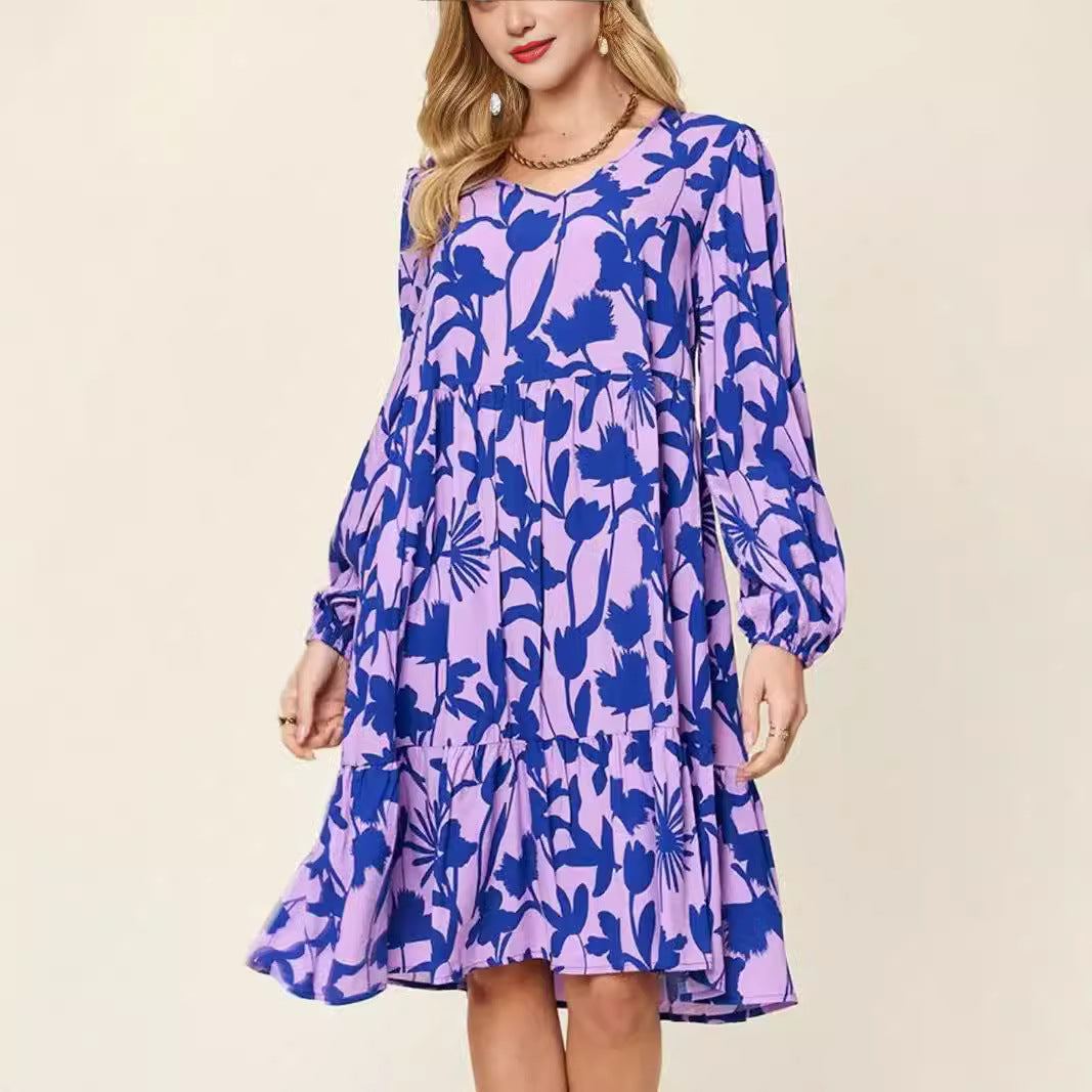Casual Printed Long Sleeve Pleated Round Neck Dress
